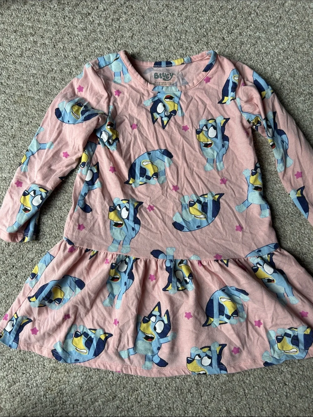 Pink Bluey Long Sleeve Ruffle Dress - Pink & Blue